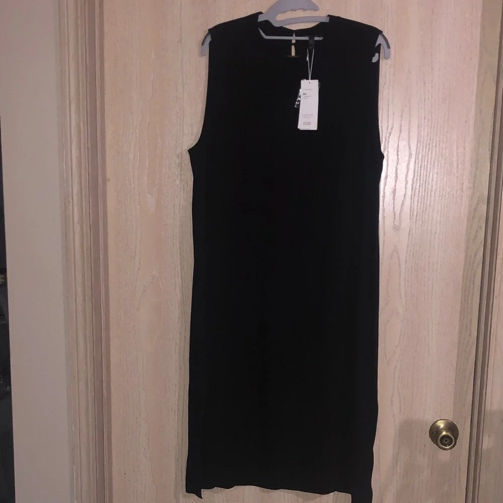 Eileen Fisher Silk Georgette Crepe Sleeveless Black Midi Dress L - Picture 2 of 9